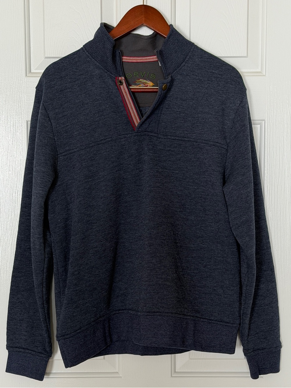 Orvis Men’s Medium Fleece Lined Pullover Sweatshirt Blue Snap Neck Casual